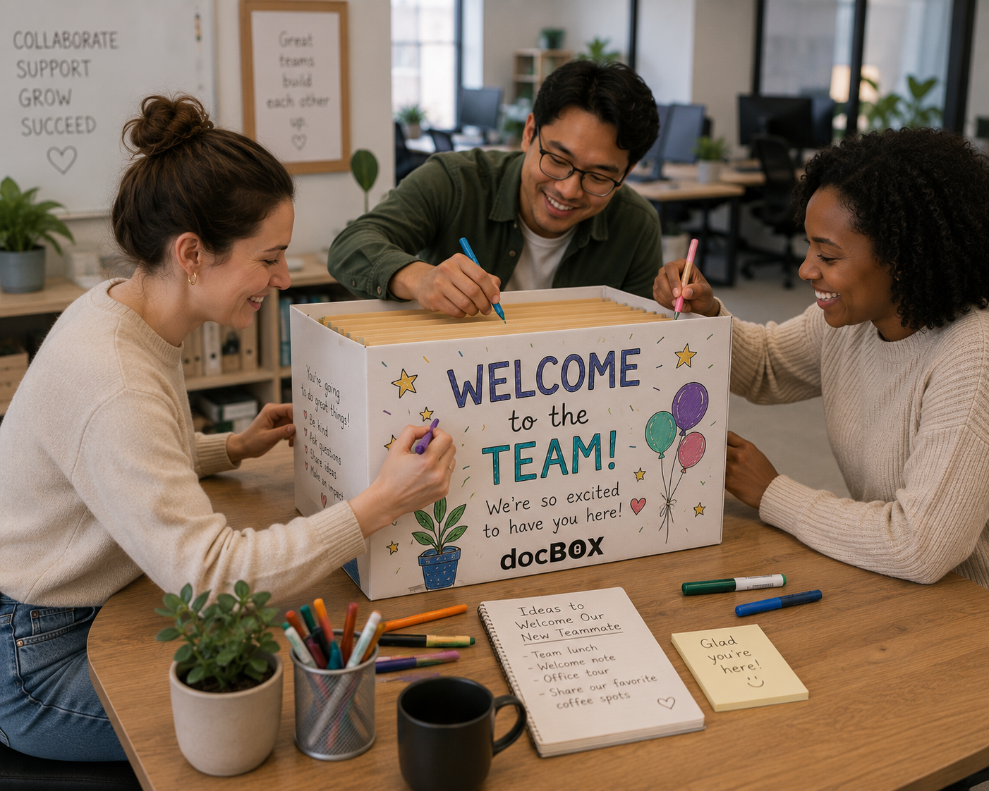 Coworkers customizing a 'Welcome to the Team' docBOX in an office