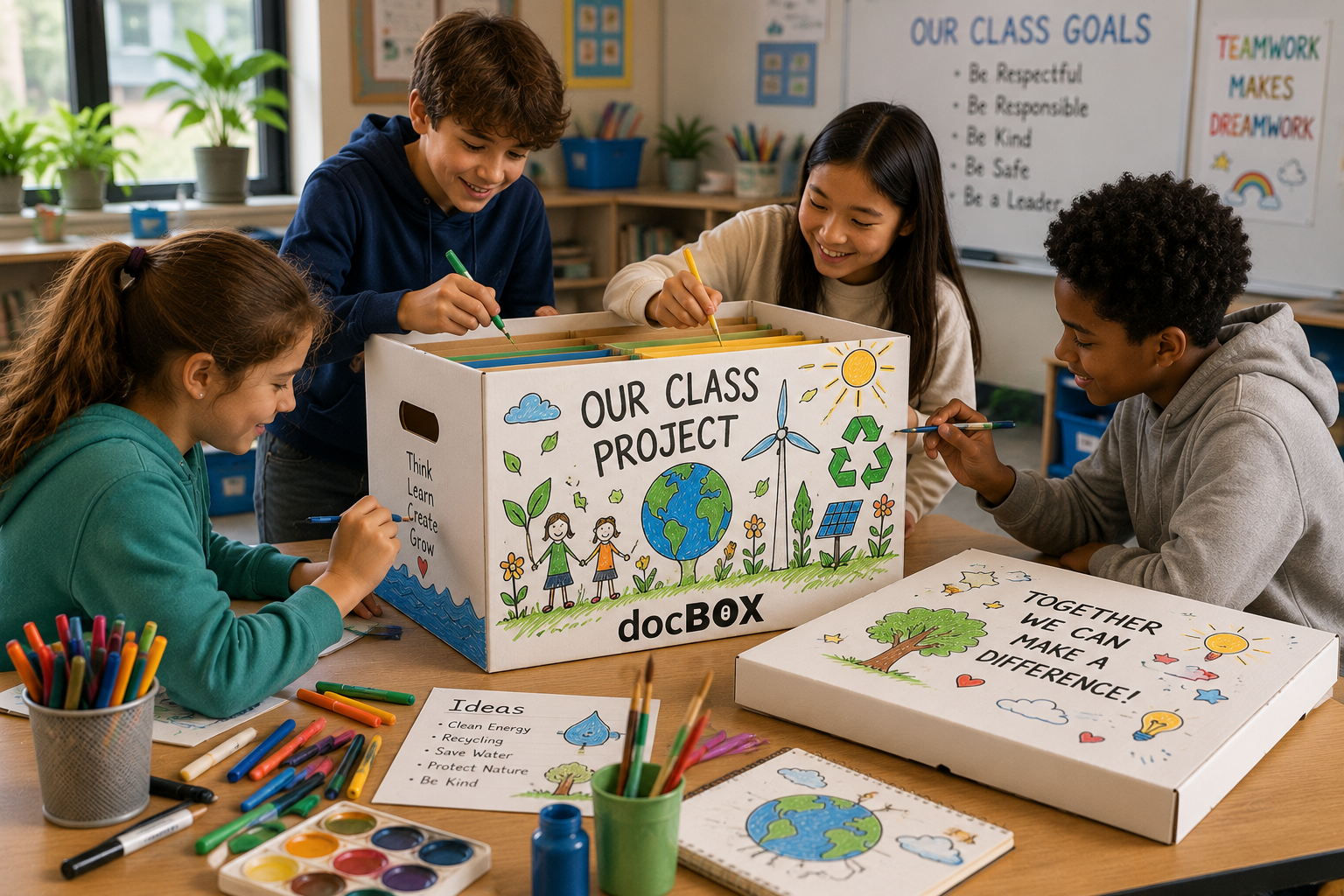 Students decorating a docBOX with a class project theme in a classroom